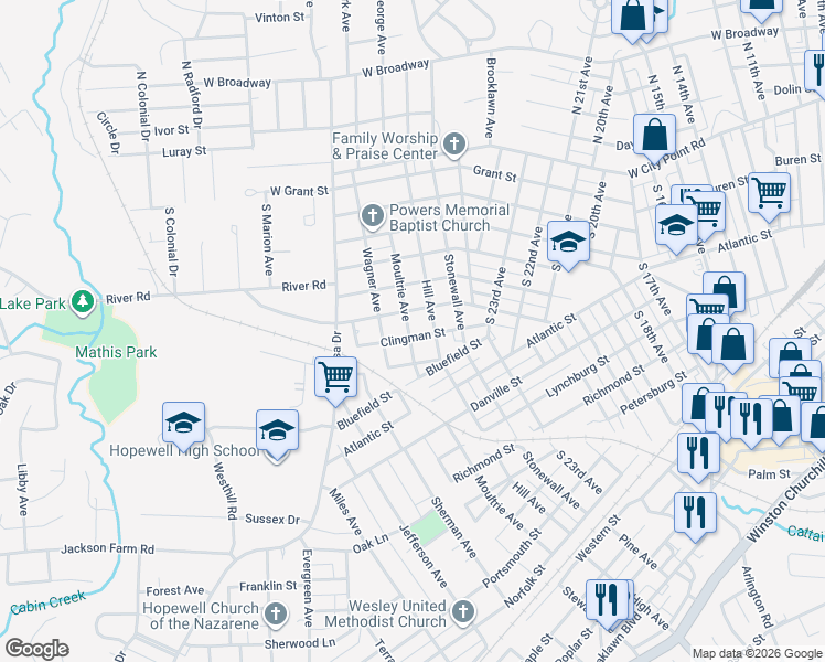 map of restaurants, bars, coffee shops, grocery stores, and more near 2716 Pickett Street in Hopewell