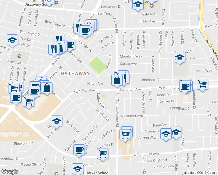 map of restaurants, bars, coffee shops, grocery stores, and more near 4281 Hamilton Avenue in San Jose