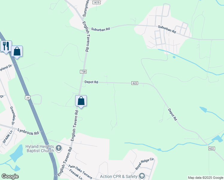 map of restaurants, bars, coffee shops, grocery stores, and more near 31 Warm Breeze Lane in Rustburg