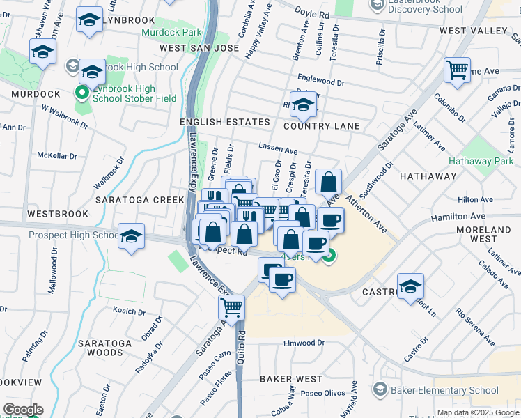 map of restaurants, bars, coffee shops, grocery stores, and more near 5150 Graves Avenue in San Jose