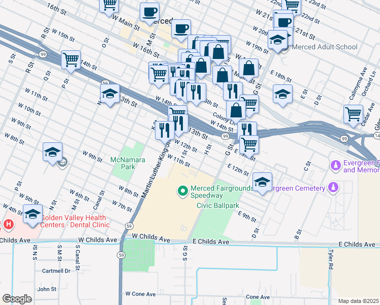 map of restaurants, bars, coffee shops, grocery stores, and more near 153 West 12th Street in Merced