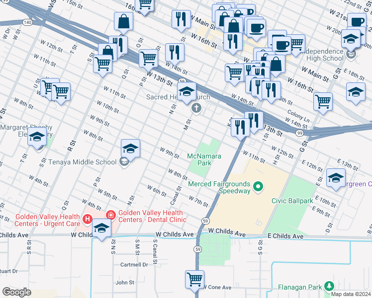 map of restaurants, bars, coffee shops, grocery stores, and more near 942 M Street in Merced