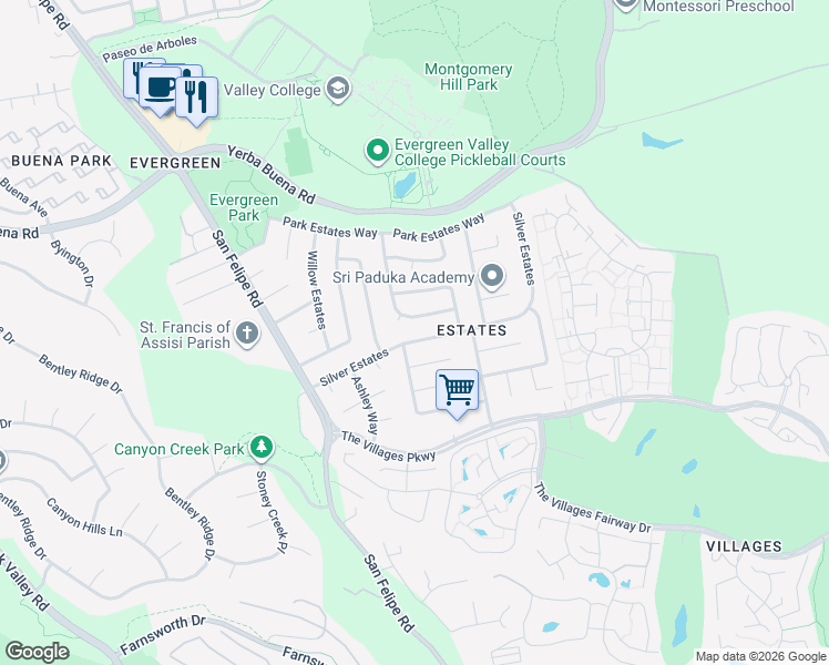 map of restaurants, bars, coffee shops, grocery stores, and more near 5171 Sunny Creek Drive in San Jose