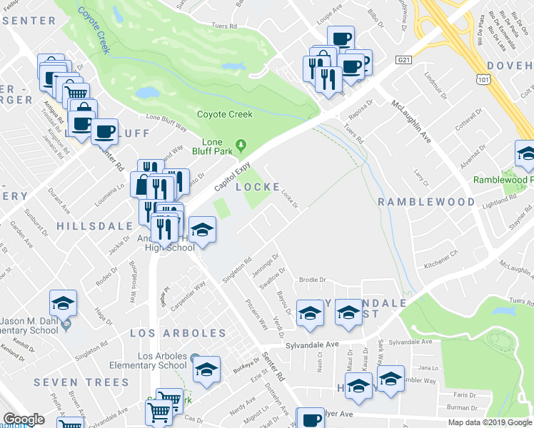 map of restaurants, bars, coffee shops, grocery stores, and more near 3297 Lantern Way in San Jose