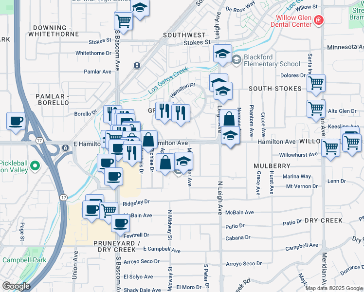 map of restaurants, bars, coffee shops, grocery stores, and more near 1682 East Hamilton Avenue in San Jose