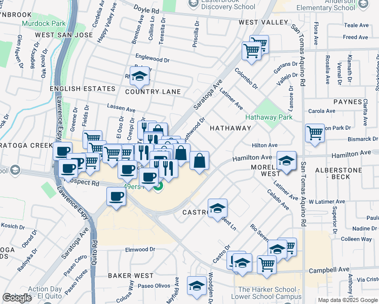 map of restaurants, bars, coffee shops, grocery stores, and more near 4764 Parkwest Drive in San Jose