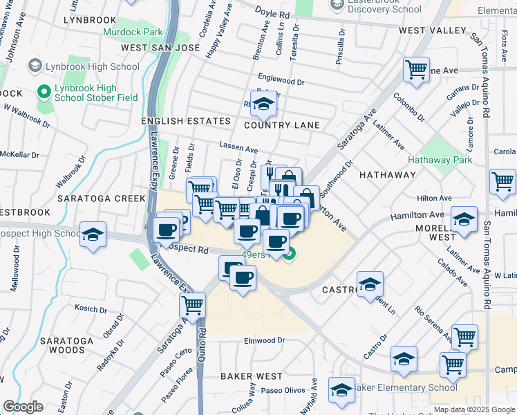 map of restaurants, bars, coffee shops, grocery stores, and more near 1550 Teresita Drive in San Jose