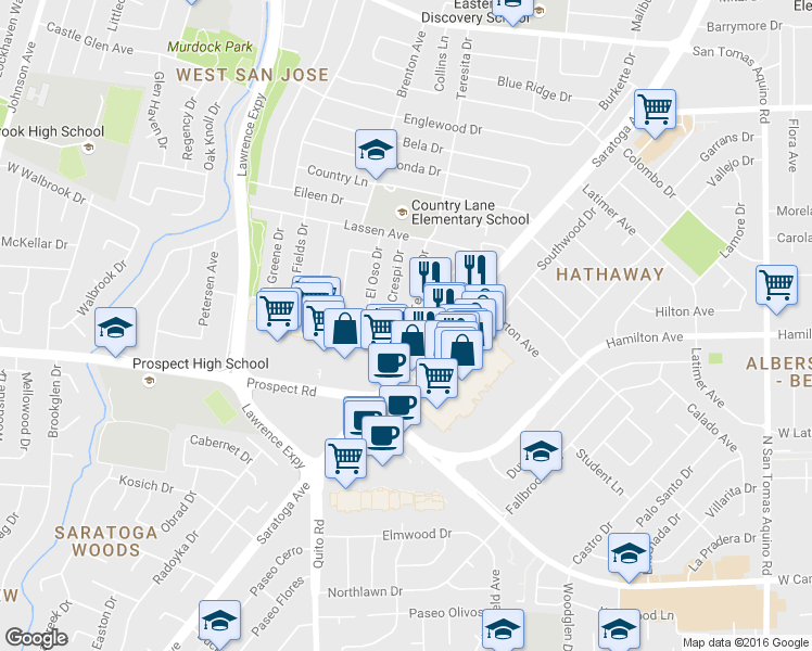 map of restaurants, bars, coffee shops, grocery stores, and more near 1550 Teresita Drive in San Jose
