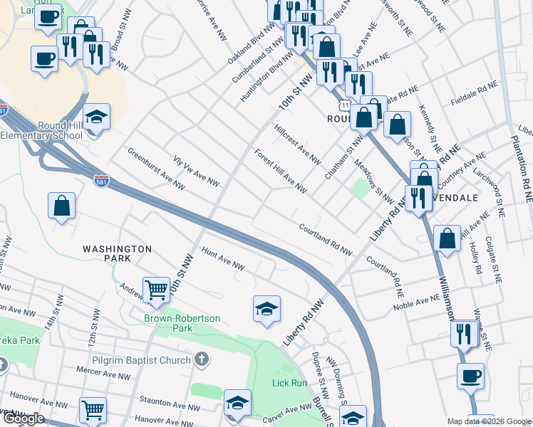 map of restaurants, bars, coffee shops, grocery stores, and more near 2301 Lyndhurst Street Northwest in Roanoke