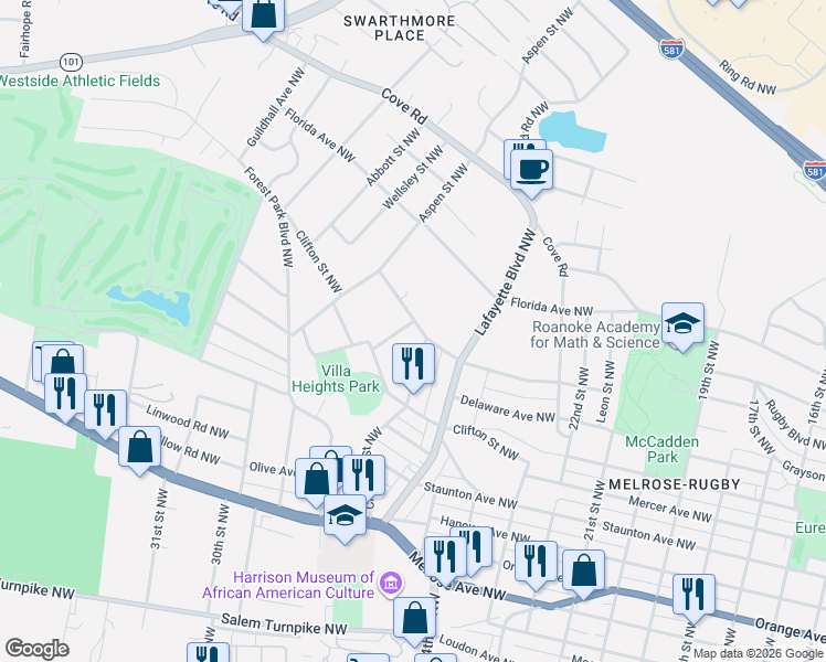 map of restaurants, bars, coffee shops, grocery stores, and more near in Roanoke