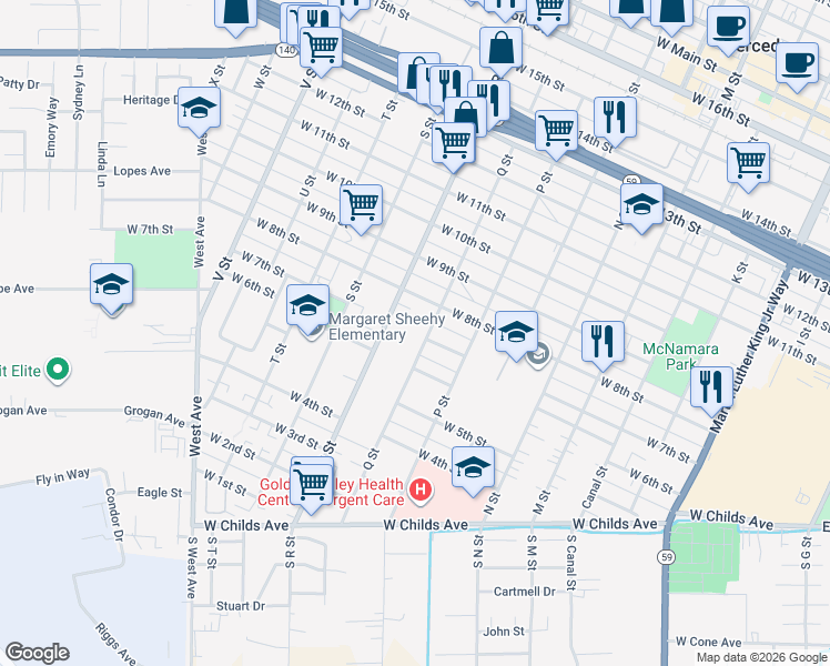 map of restaurants, bars, coffee shops, grocery stores, and more near 746 Q Street in Merced