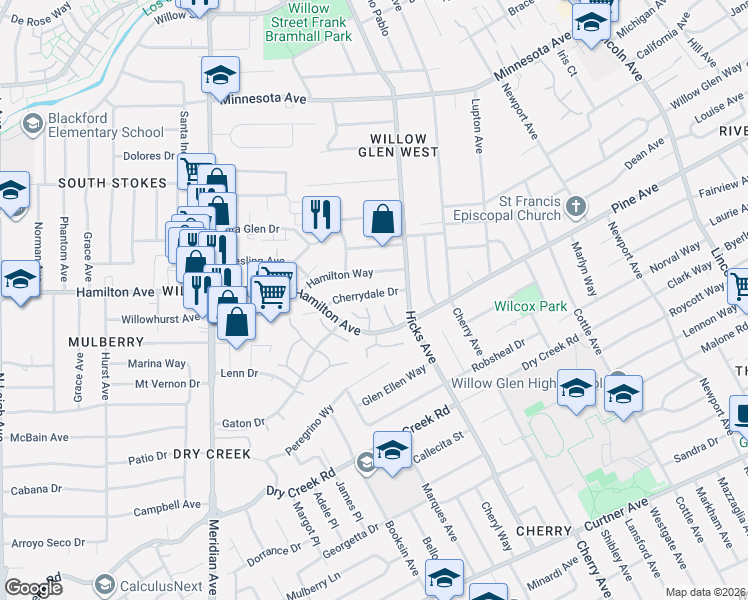 map of restaurants, bars, coffee shops, grocery stores, and more near 1435 Cherrydale Drive in San Jose