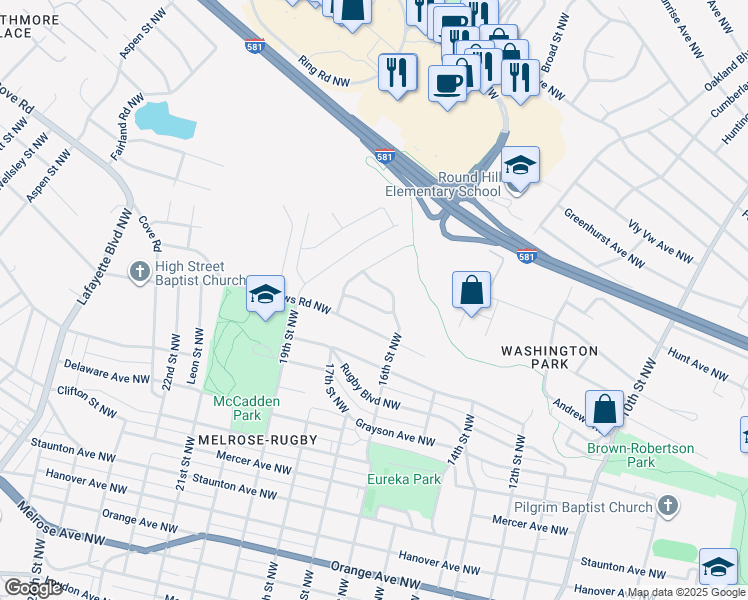 map of restaurants, bars, coffee shops, grocery stores, and more near 1623 Mayo Drive Northwest in Roanoke