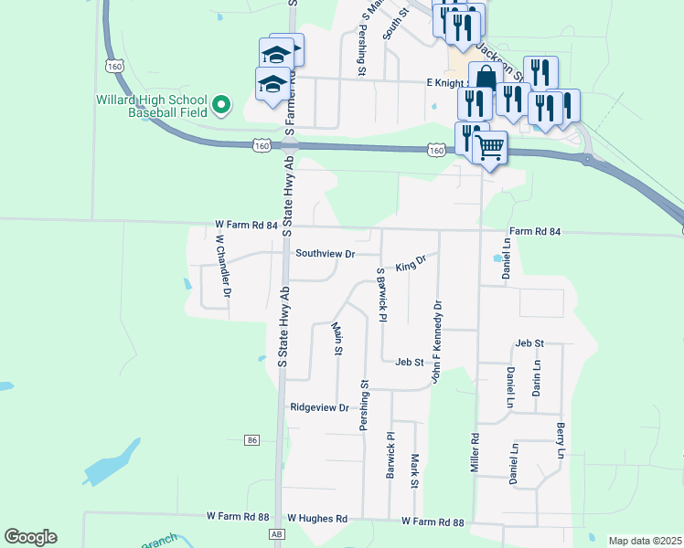 map of restaurants, bars, coffee shops, grocery stores, and more near 108 Southview Dr in Willard