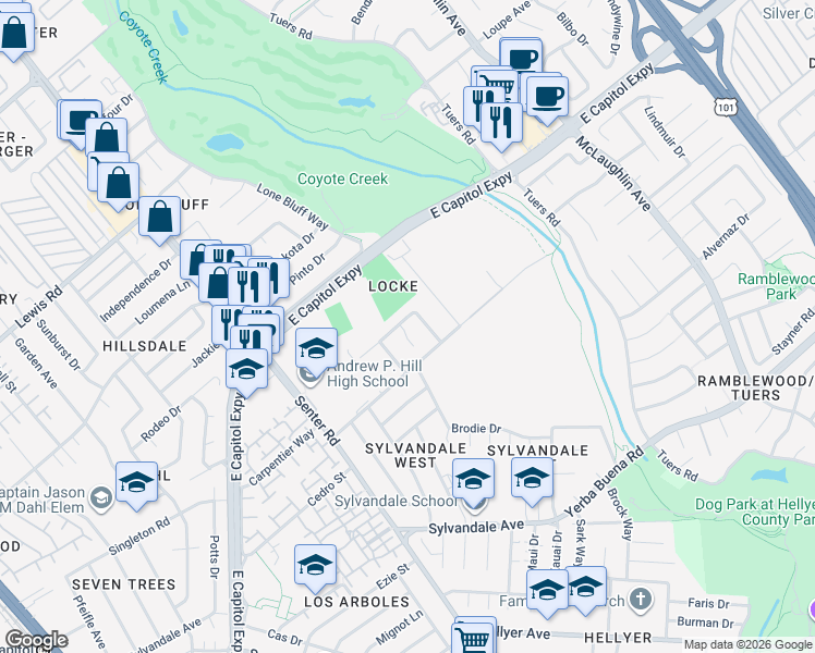 map of restaurants, bars, coffee shops, grocery stores, and more near 3297 Lantern Way in San Jose