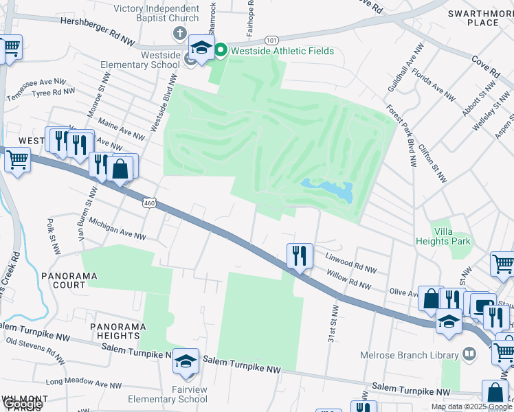 map of restaurants, bars, coffee shops, grocery stores, and more near 2081 Country Club Drive Northwest in Roanoke