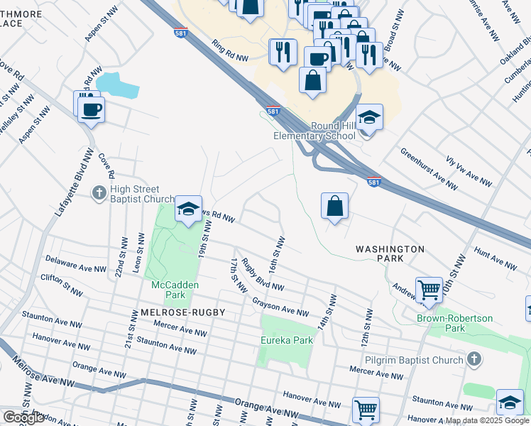 map of restaurants, bars, coffee shops, grocery stores, and more near 1623 Mayo Drive Northwest in Roanoke