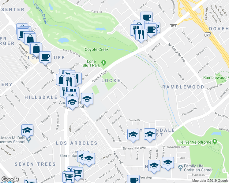 map of restaurants, bars, coffee shops, grocery stores, and more near 3289 Lantern Way in San Jose