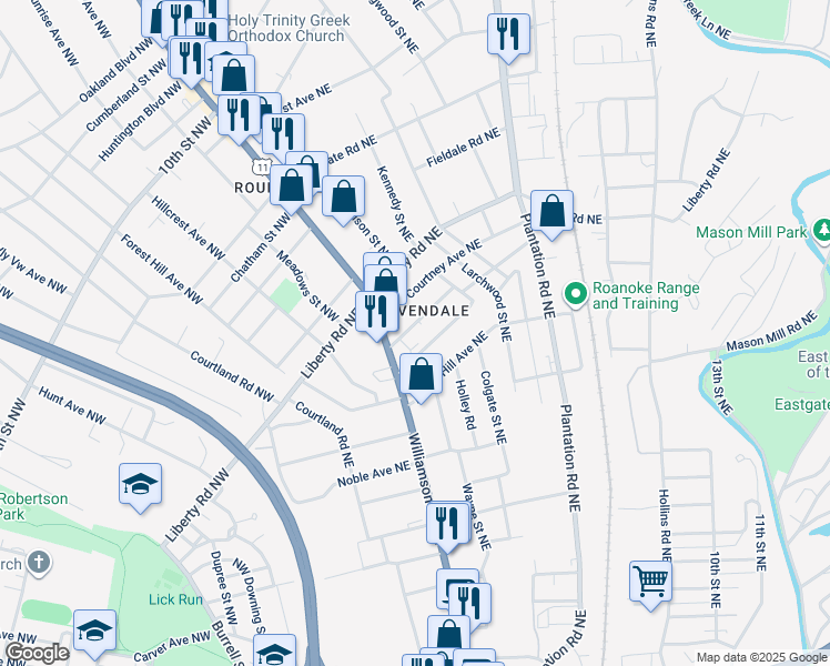 map of restaurants, bars, coffee shops, grocery stores, and more near 127 Avendale Avenue Northeast in Roanoke