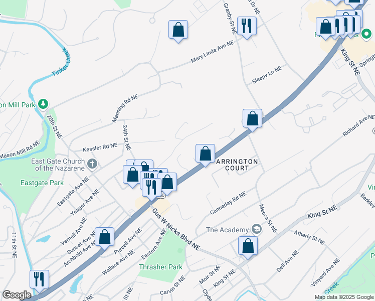 map of restaurants, bars, coffee shops, grocery stores, and more near 2550 Orange Avenue Northeast in Roanoke