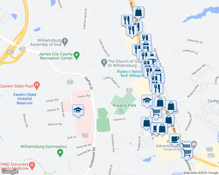 map of restaurants, bars, coffee shops, grocery stores, and more near 6 Governor Berkeley Road in Williamsburg