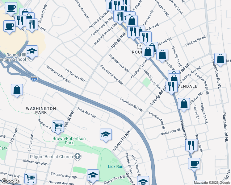 map of restaurants, bars, coffee shops, grocery stores, and more near 2318 Rush Street Northwest in Roanoke