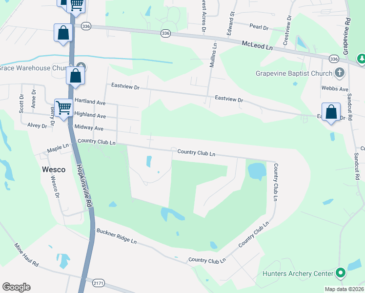 map of restaurants, bars, coffee shops, grocery stores, and more near 402 Country Club Lane in Madisonville
