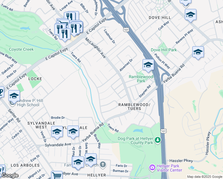 map of restaurants, bars, coffee shops, grocery stores, and more near 3815 Marfrance Drive in San Jose