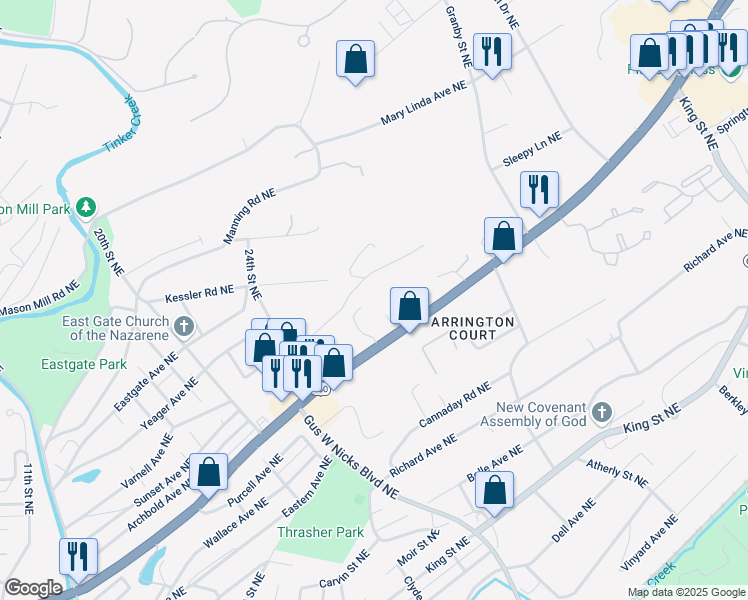 map of restaurants, bars, coffee shops, grocery stores, and more near 2550 Orange Avenue Northeast in Roanoke