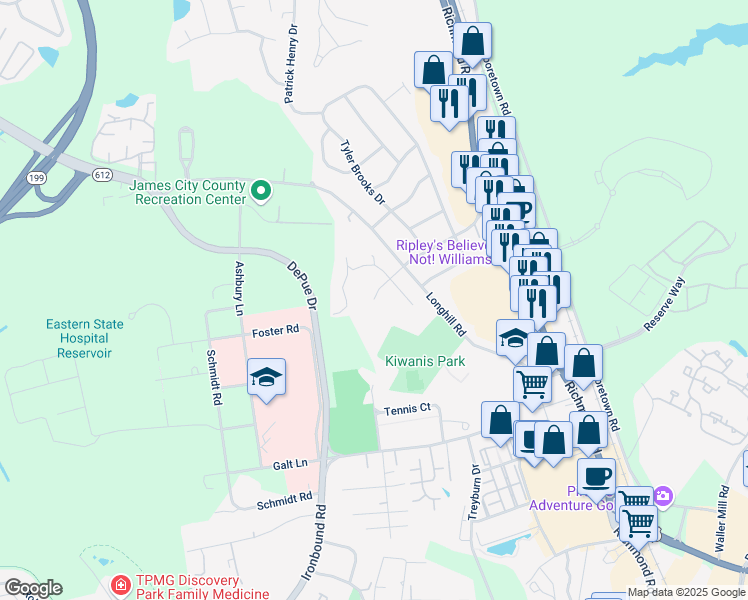map of restaurants, bars, coffee shops, grocery stores, and more near 1 Governor Berkeley Road in Williamsburg