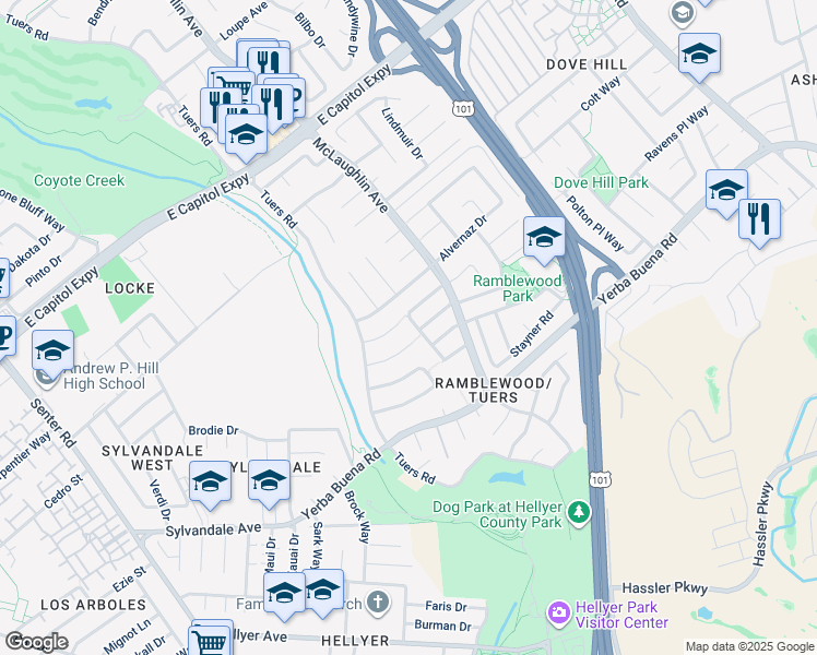 map of restaurants, bars, coffee shops, grocery stores, and more near 3815 Marfrance Drive in San Jose