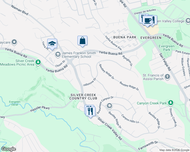 map of restaurants, bars, coffee shops, grocery stores, and more near 2138 Shadow Ridge Way in San Jose