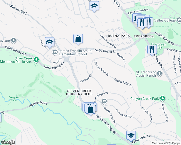 map of restaurants, bars, coffee shops, grocery stores, and more near 2166 Shadow Ridge Way in San Jose