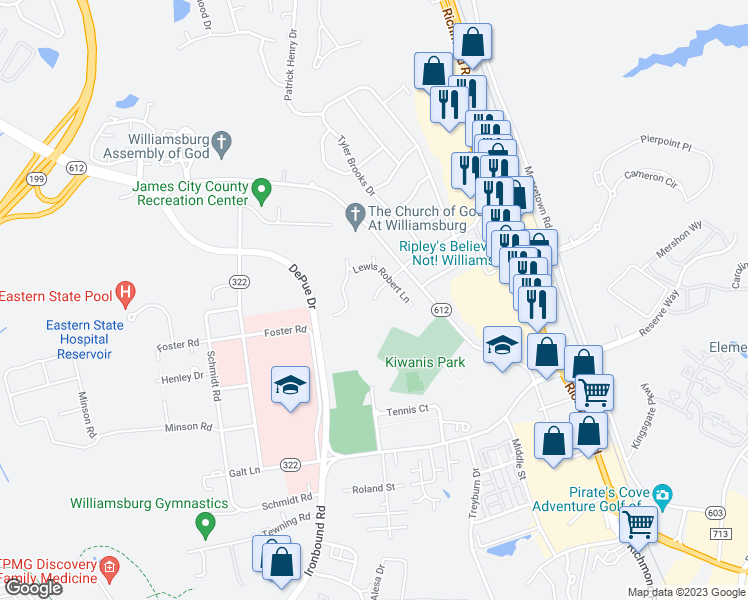 map of restaurants, bars, coffee shops, grocery stores, and more near 13 Governor Berkeley Road in Williamsburg