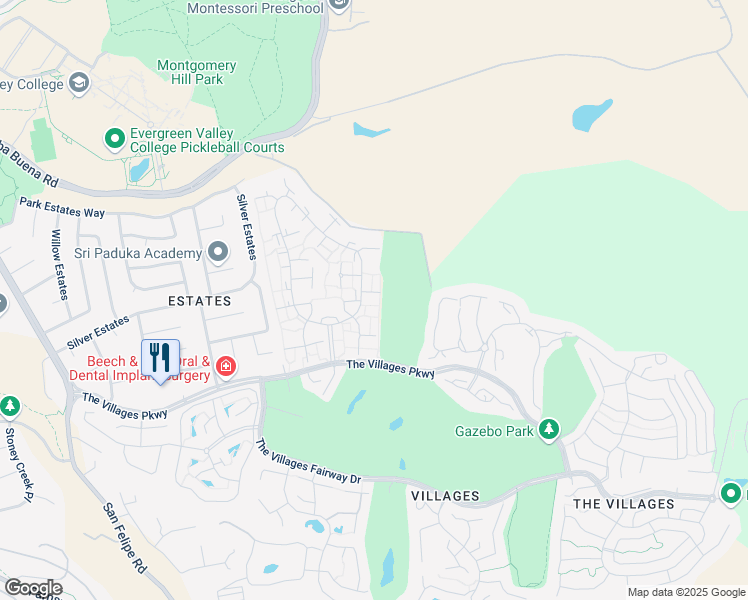 map of restaurants, bars, coffee shops, grocery stores, and more near 5080 Cribari Bluff in San Jose