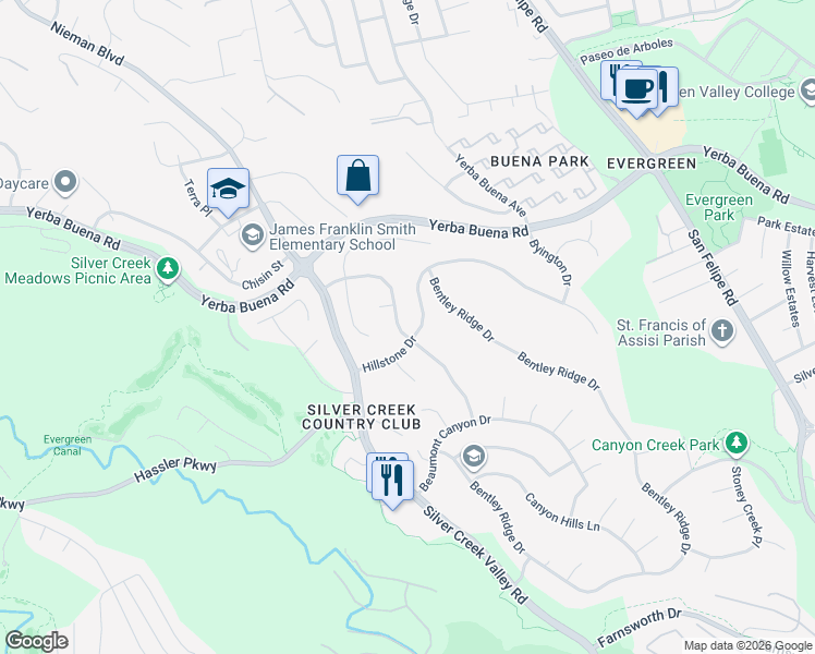 map of restaurants, bars, coffee shops, grocery stores, and more near 2138 Shadow Ridge Way in San Jose