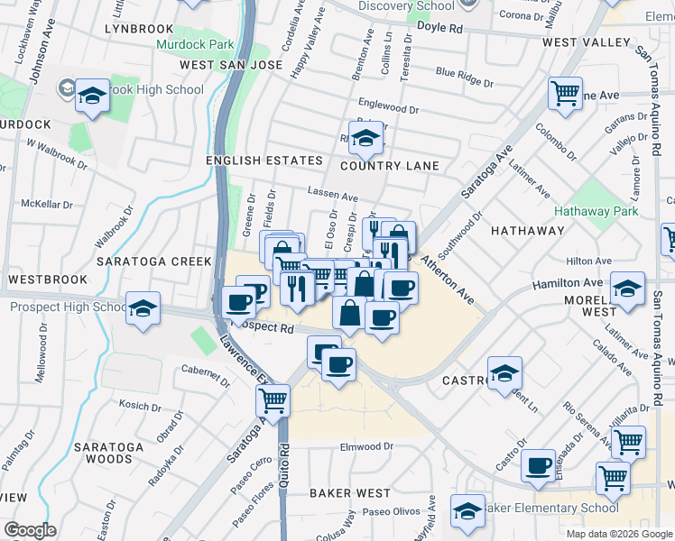 map of restaurants, bars, coffee shops, grocery stores, and more near 1546 El Oso Drive in San Jose