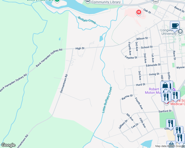 map of restaurants, bars, coffee shops, grocery stores, and more near 210 Buffaloe Lane in Farmville