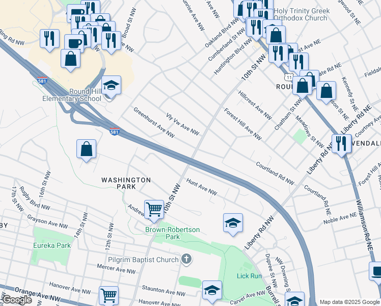 map of restaurants, bars, coffee shops, grocery stores, and more near 2032 10th Street Northwest in Roanoke