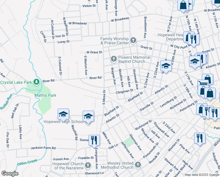 map of restaurants, bars, coffee shops, grocery stores, and more near 2908 Pickett Street in Hopewell