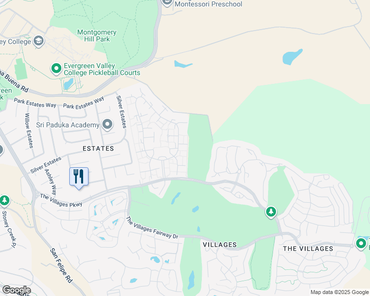 map of restaurants, bars, coffee shops, grocery stores, and more near 5080 Cribari Bluff in San Jose