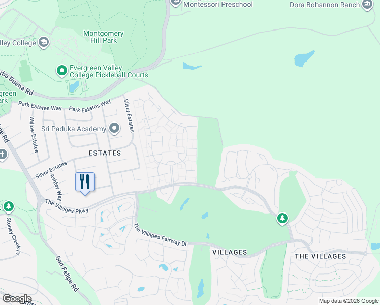 map of restaurants, bars, coffee shops, grocery stores, and more near 5080 Cribari Bluff in San Jose