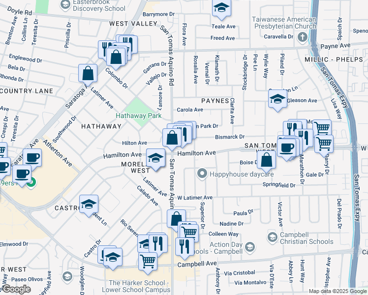 map of restaurants, bars, coffee shops, grocery stores, and more near 4163 Hamilton Avenue in San Jose