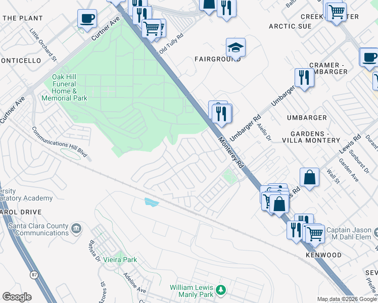 map of restaurants, bars, coffee shops, grocery stores, and more near 187 Chateau La Salle Drive in San Jose