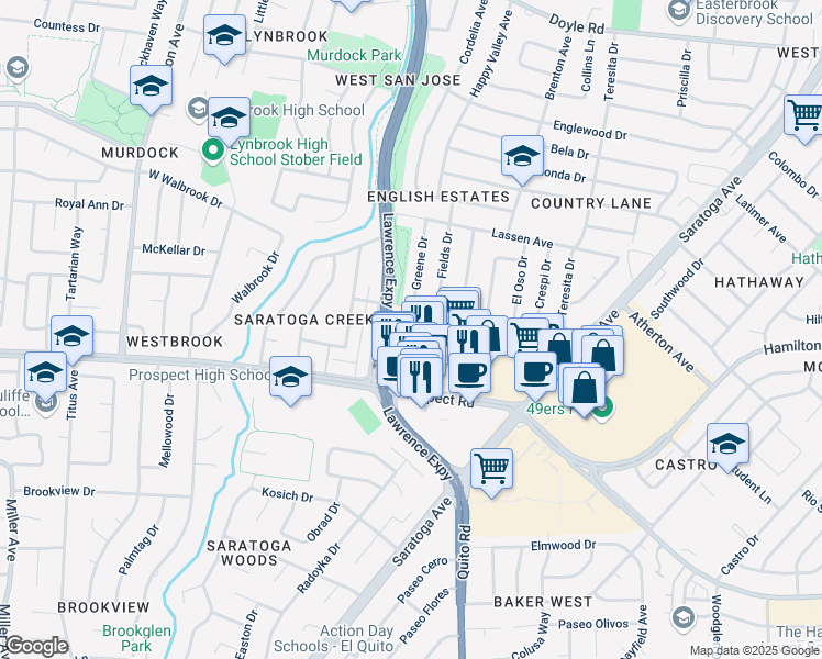 map of restaurants, bars, coffee shops, grocery stores, and more near 5289 Prospect Road in San Jose