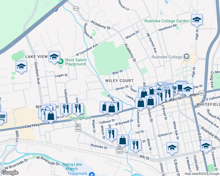 map of restaurants, bars, coffee shops, grocery stores, and more near 205 Locust Avenue in Salem