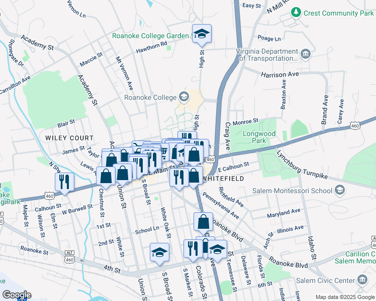 map of restaurants, bars, coffee shops, grocery stores, and more near 221 College Lane in Salem