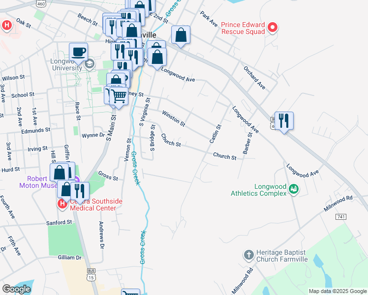 map of restaurants, bars, coffee shops, grocery stores, and more near 505 Church Street in Farmville