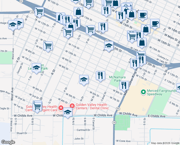 map of restaurants, bars, coffee shops, grocery stores, and more near 720 West 9th Street in Merced