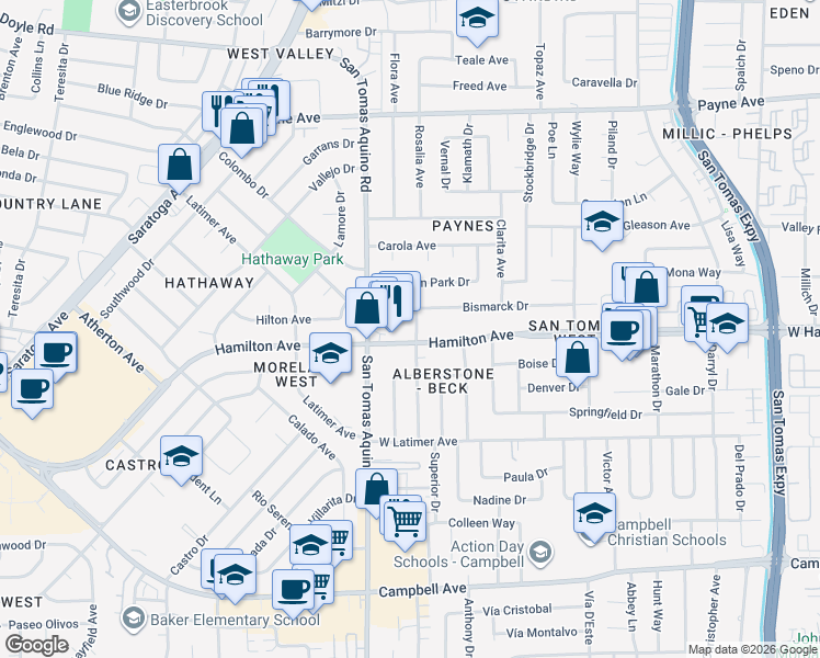 map of restaurants, bars, coffee shops, grocery stores, and more near 1581 Mendenhall Drive in San Jose